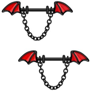 CM Crareesi Mania Bat Nipple Rings Bat Wings Nipple Piercing Jewelry 316L Surgical Steel Chain Nipple Rings 14G Black Nipple Barbell Nipple Shield Rings for Halloween