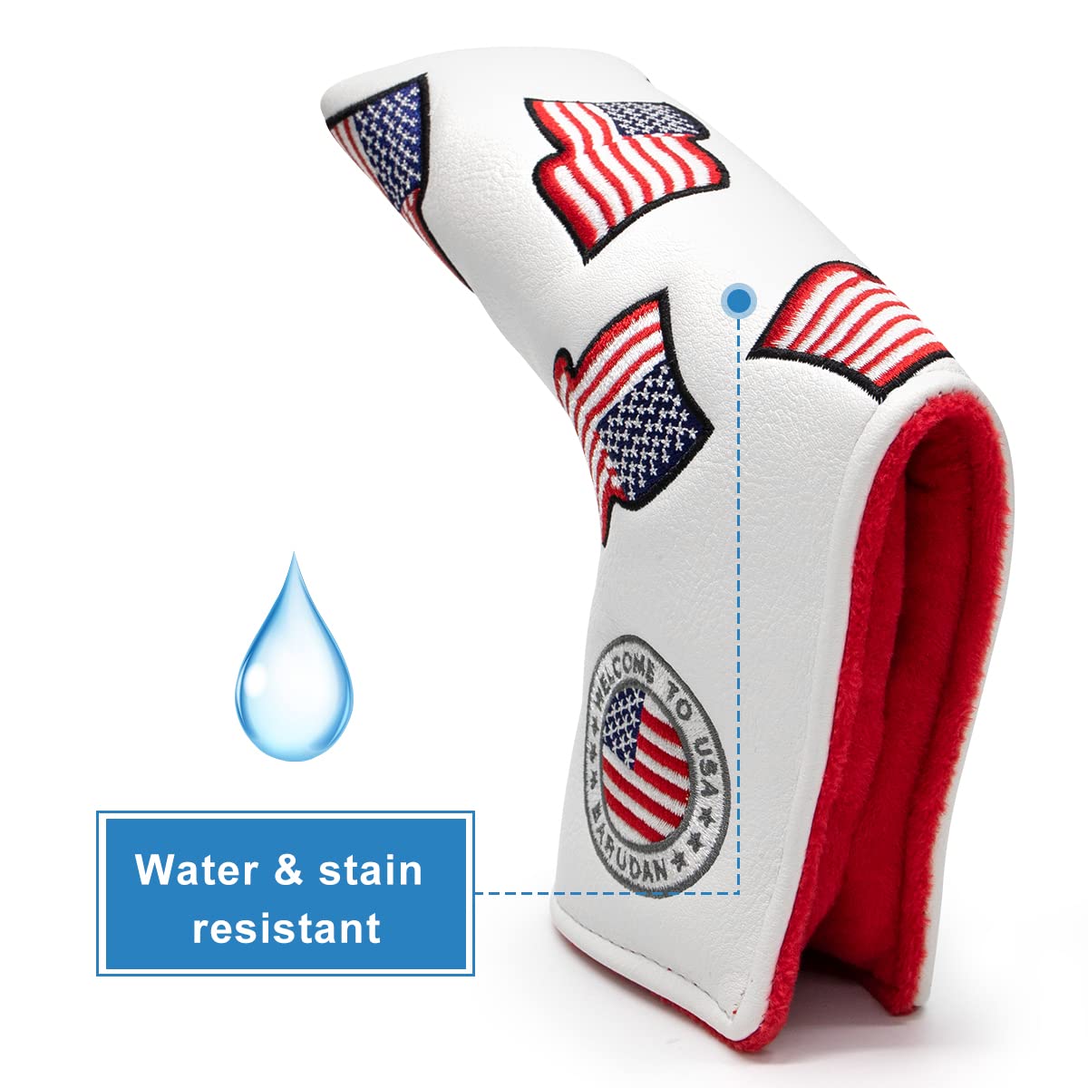 US Flag Putter Cover Golf Blade Putter Headcover Head Cover - Premium Leather Golf Putter Head Cover Magnetic- White Golf Accessories for Men Golfer