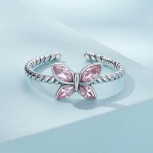 Pink CZ Butterfly Open Statement Rings Sterling Silver 925 Rhinestone Crystal Promise Engagement Ring Wedding Finger Bands Stacking Band Adjustable Cute Jewelry Gifts for Women