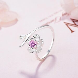 925 Sterling Silver Open Ring, Cherry Blossom Pink Purple Zircon Ring For Women'S Party Jewelry Pink