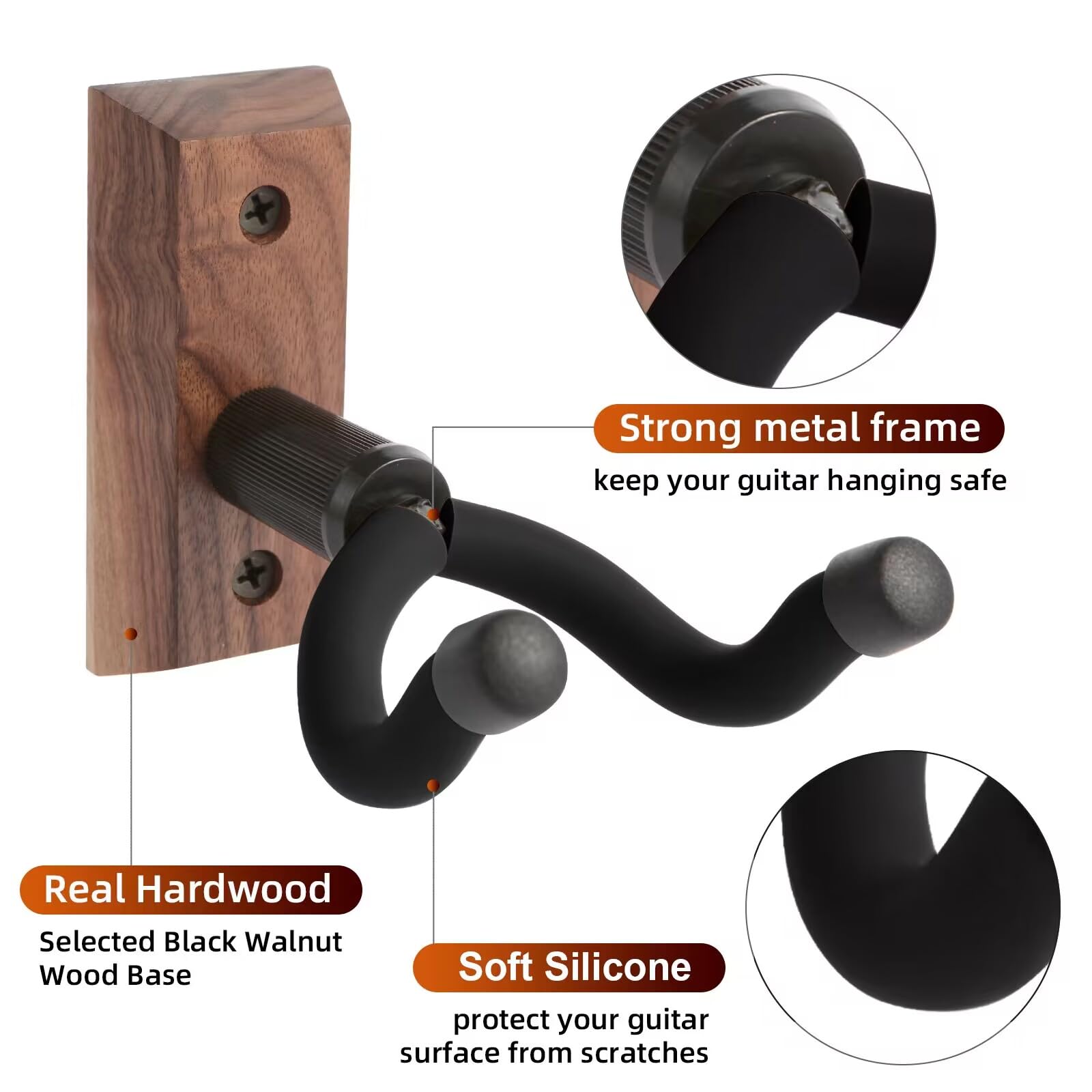 Guitar Wall Mount, Guitar Hangers hooks Bracket Holder Stand for Acoustic and Electric Guitars Bass Banjo Mandolin, Black Walnut Wood base by VEINTICO.