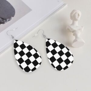 Checkerboard Chess Board Flag Faux Leather Teardrop Earrings for Women Drop Dangle Earrings Gift