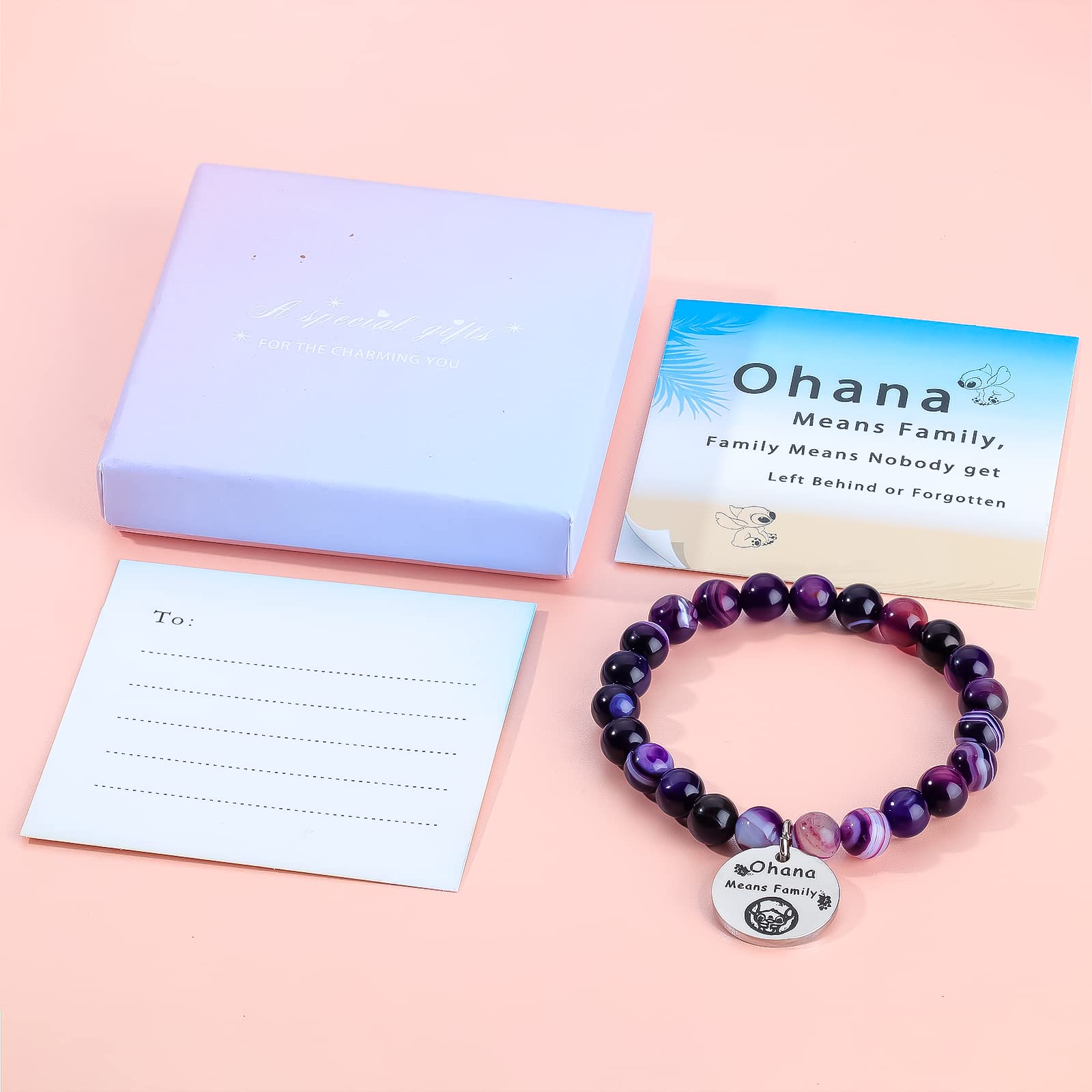 Ohana Means Family Bracelet Stitch Jewelry Gifts for Family Natural Stone Bead Gifts for Families（Purple）