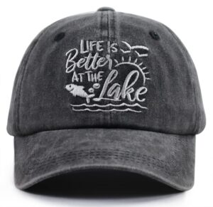 funny lake accessories decorations gifts, lake life summer hats for women men, life is better at the lake sun hat, vintage adjustable cotton embroidered boat beach baseball cap