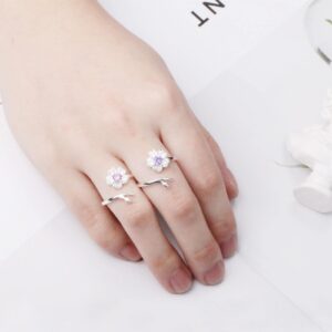 925 Sterling Silver Open Ring, Cherry Blossom Pink Purple Zircon Ring For Women'S Party Jewelry Pink