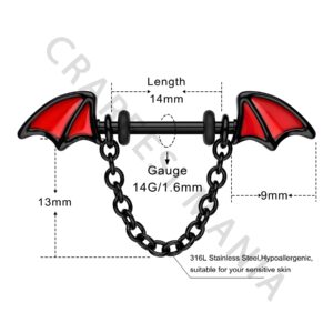 CM Crareesi Mania Bat Nipple Rings Bat Wings Nipple Piercing Jewelry 316L Surgical Steel Chain Nipple Rings 14G Black Nipple Barbell Nipple Shield Rings for Halloween