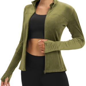 GYM RAINBOW Womens Velvet Workout Jackets Full Zip Lightweight Athletic Running Jacket with Pockets(#1 Green,X-Large)