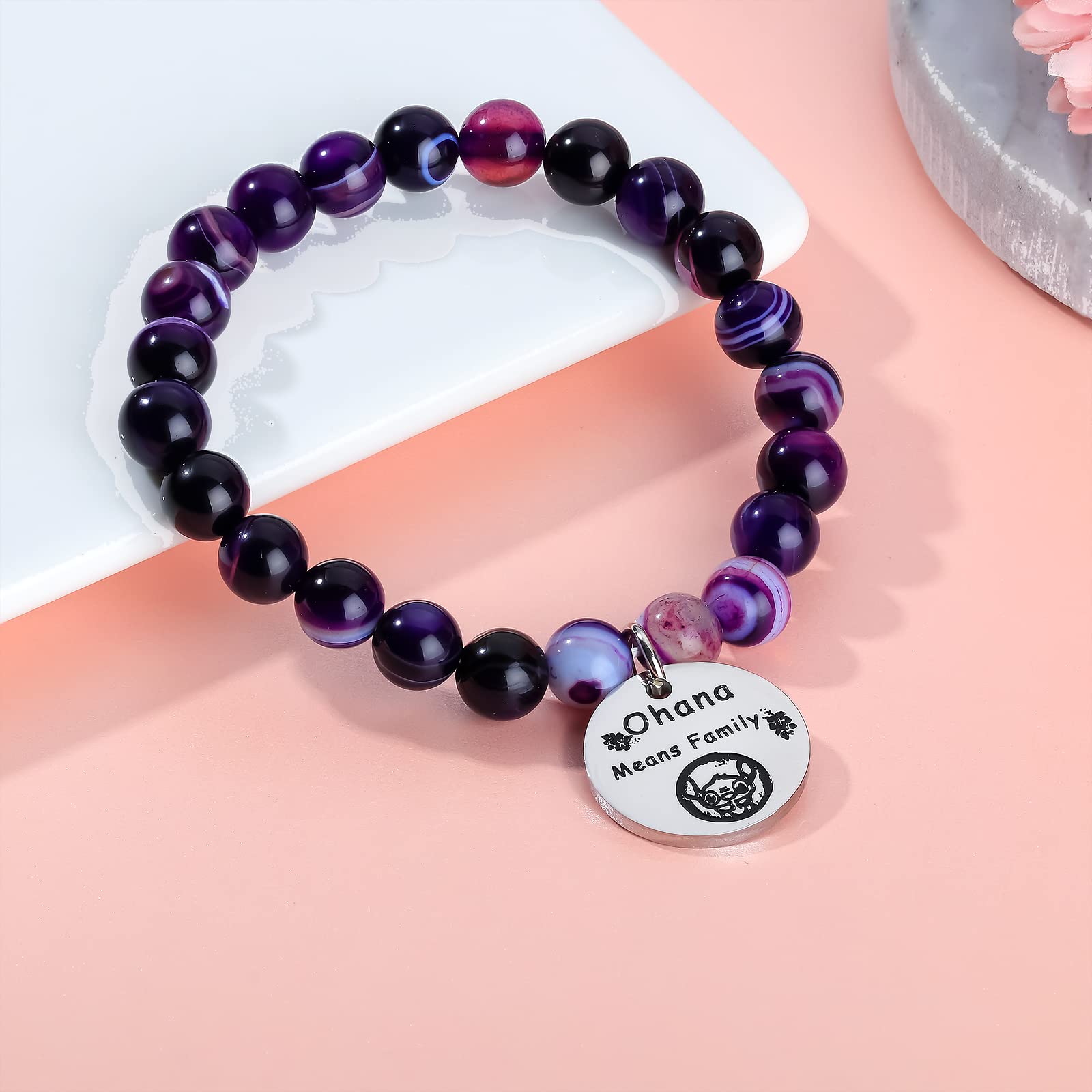 Ohana Means Family Bracelet Stitch Jewelry Gifts for Family Natural Stone Bead Gifts for Families（Purple）