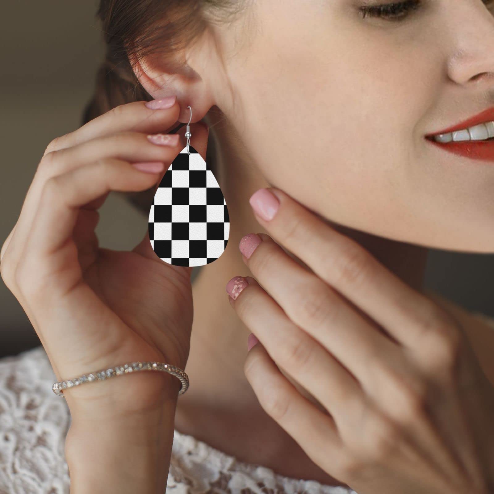 Checkerboard Chess Board Flag Faux Leather Teardrop Earrings for Women Drop Dangle Earrings Gift