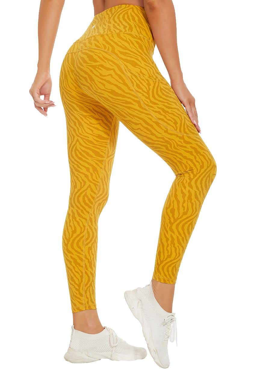 KYRIAD 7/8 Seamless Athletic Running Workout Leggings for Women with 3 Pockets High Waisted Yoga Pants Gym Sports Yellow Tiger Printed XS