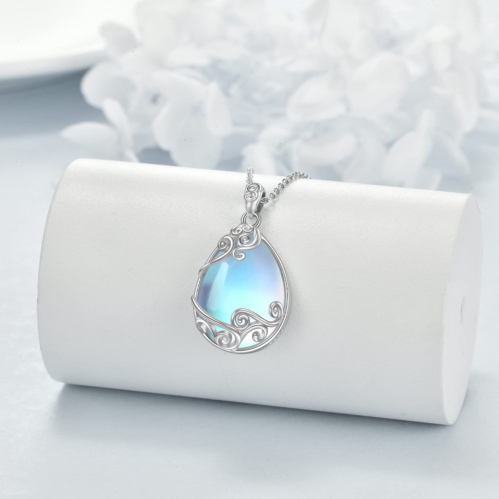 YAFEINI 925 Sterling Silver Moonstone Necklace Filigree Teardrop Pendant Necklace Jewelry for Women (A-filigree moonstone necklace)