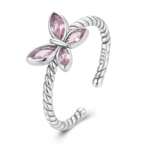 Pink CZ Butterfly Open Statement Rings Sterling Silver 925 Rhinestone Crystal Promise Engagement Ring Wedding Finger Bands Stacking Band Adjustable Cute Jewelry Gifts for Women