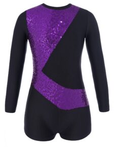 kvysinly girl's one piece sparkle long sleeve gymnastics leotards with shorts unitard jumpsuit biketard dancewear purple 6 years