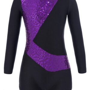 Kvysinly Girl's One Piece Sparkle Long Sleeve Gymnastics Leotards with Shorts Unitard Jumpsuit Biketard Dancewear Purple 6 Years