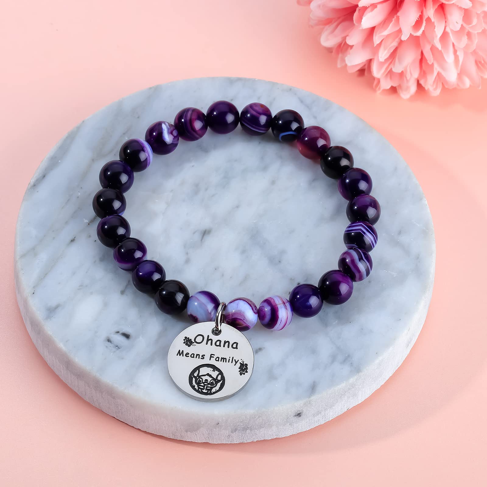 Ohana Means Family Bracelet Stitch Jewelry Gifts for Family Natural Stone Bead Gifts for Families（Purple）