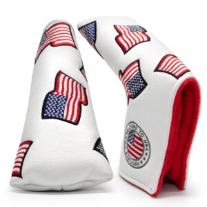 US Flag Putter Cover Golf Blade Putter Headcover Head Cover - Premium Leather Golf Putter Head Cover Magnetic- White Golf Accessories for Men Golfer