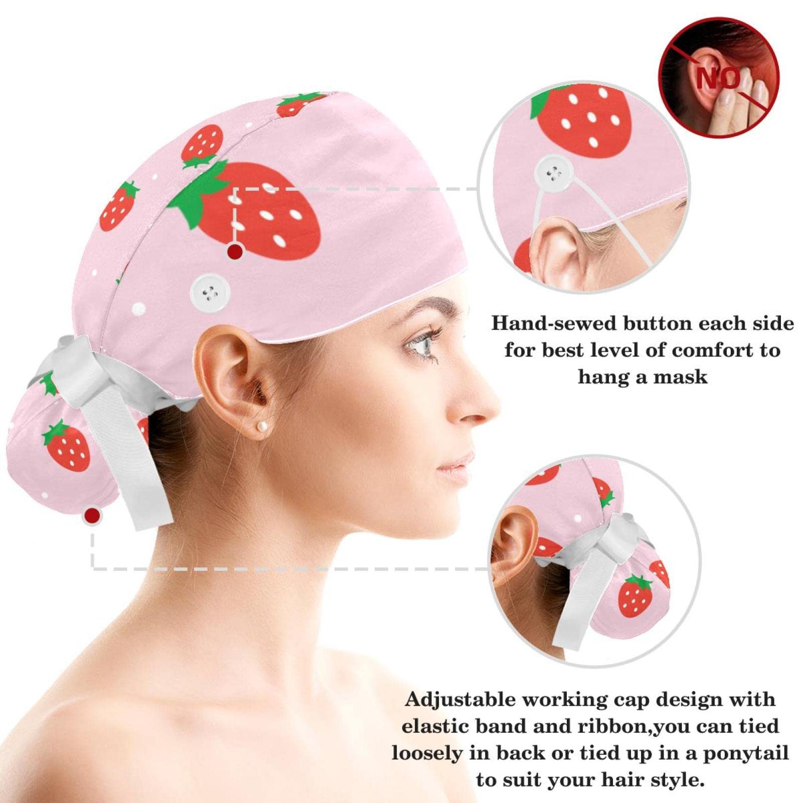 Asaile Adjustable Strawberry Patterns Scrub Cap, Working Hat Hair Cover with Ponytail Pouch, Soft Bouffant Surgical Nurse Cap, Multicoloured 10, Medium-Large