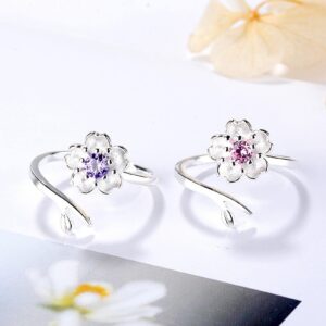 925 Sterling Silver Open Ring, Cherry Blossom Pink Purple Zircon Ring For Women'S Party Jewelry Pink