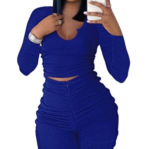 Qusuny Yoga Outfits for Women 2 Piece Set Crop Top V Neck High Waist Bodycon Ribbed Solid Sweatsuits Tracksuits Side Drawstring Casual Pants Set Jumpsuit Blue M