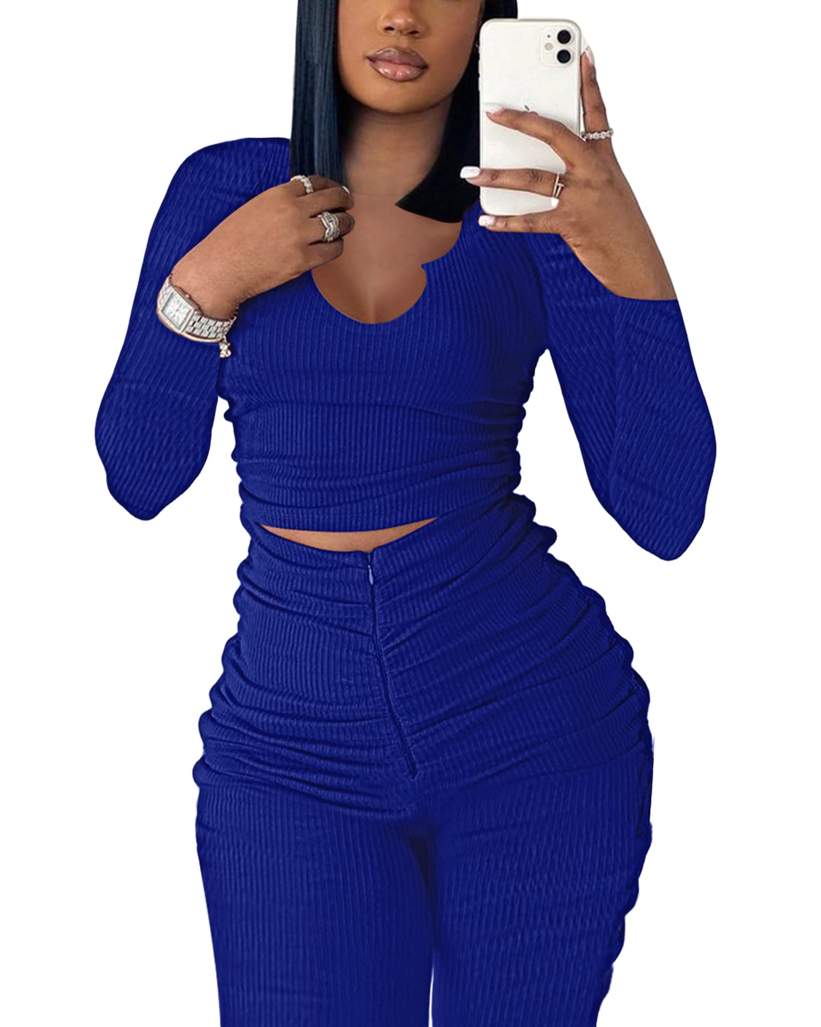 Qusuny Yoga Outfits for Women 2 Piece Set Crop Top V Neck High Waist Bodycon Ribbed Solid Sweatsuits Tracksuits Side Drawstring Casual Pants Set Jumpsuit Blue M