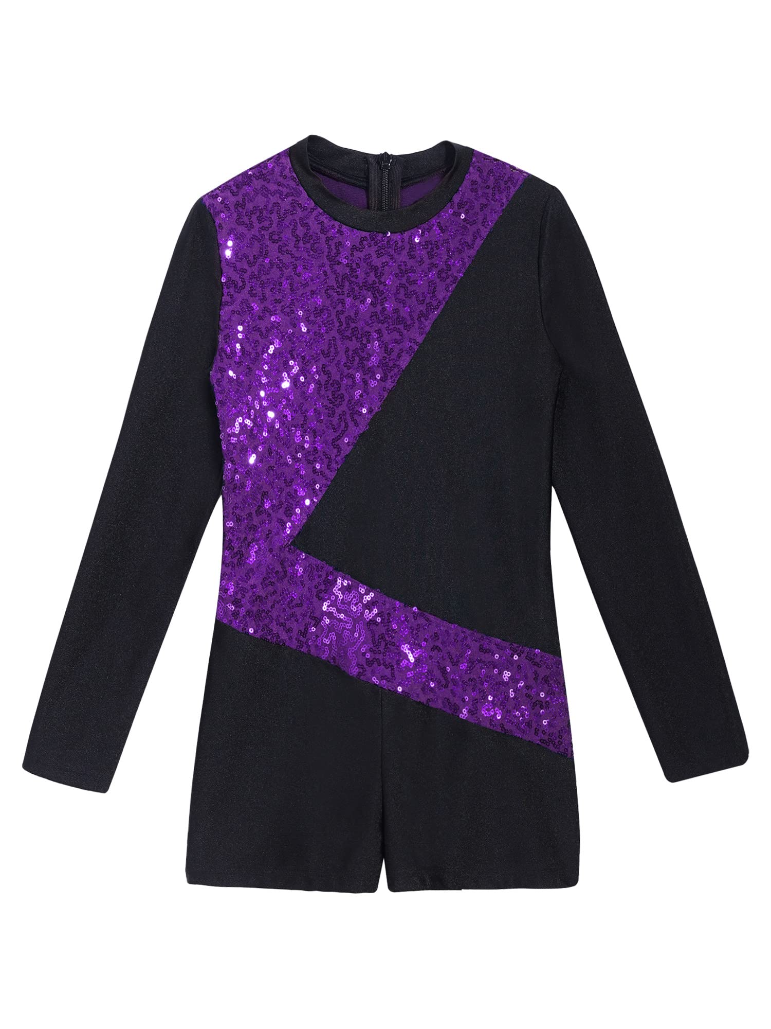 Kvysinly Girl's One Piece Sparkle Long Sleeve Gymnastics Leotards with Shorts Unitard Jumpsuit Biketard Dancewear Purple 6 Years