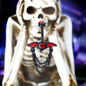 CM Crareesi Mania Bat Belly Button Ring 316L Surgical Steel Dangle Chain Belly Rings 14G Black Belly Piercing Jewelry for Halloween Heart CZ Belly Button Rings