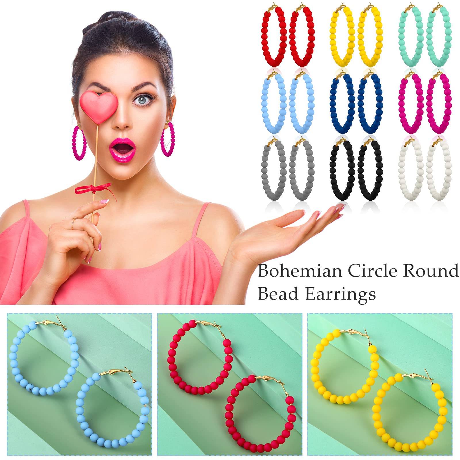 Bonuci 9 Pairs Beaded Hoop Earrings for Women Bohemian Bead Earrings Mixed Color Dangle Earrings (Bright,acrylic)