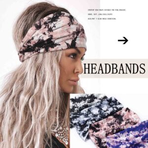 Acenail Wide Headbands 4 Pack (Tie Dye B, Leopard, Floral Workout Head Bands, Cotton Hair Scarfs) for Women and Girls - Knotted Turban, Boho, Yoga, Sweatbands Hair Accessories