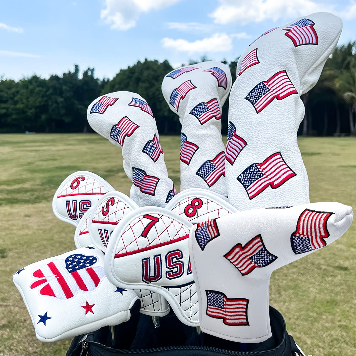 US Flag Putter Cover Golf Blade Putter Headcover Head Cover - Premium Leather Golf Putter Head Cover Magnetic- White Golf Accessories for Men Golfer