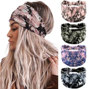 acenail wide headbands 4 pack (tie dye b, leopard, floral workout head bands, cotton hair scarfs) for women and girls - knotted turban, boho, yoga, sweatbands hair accessories