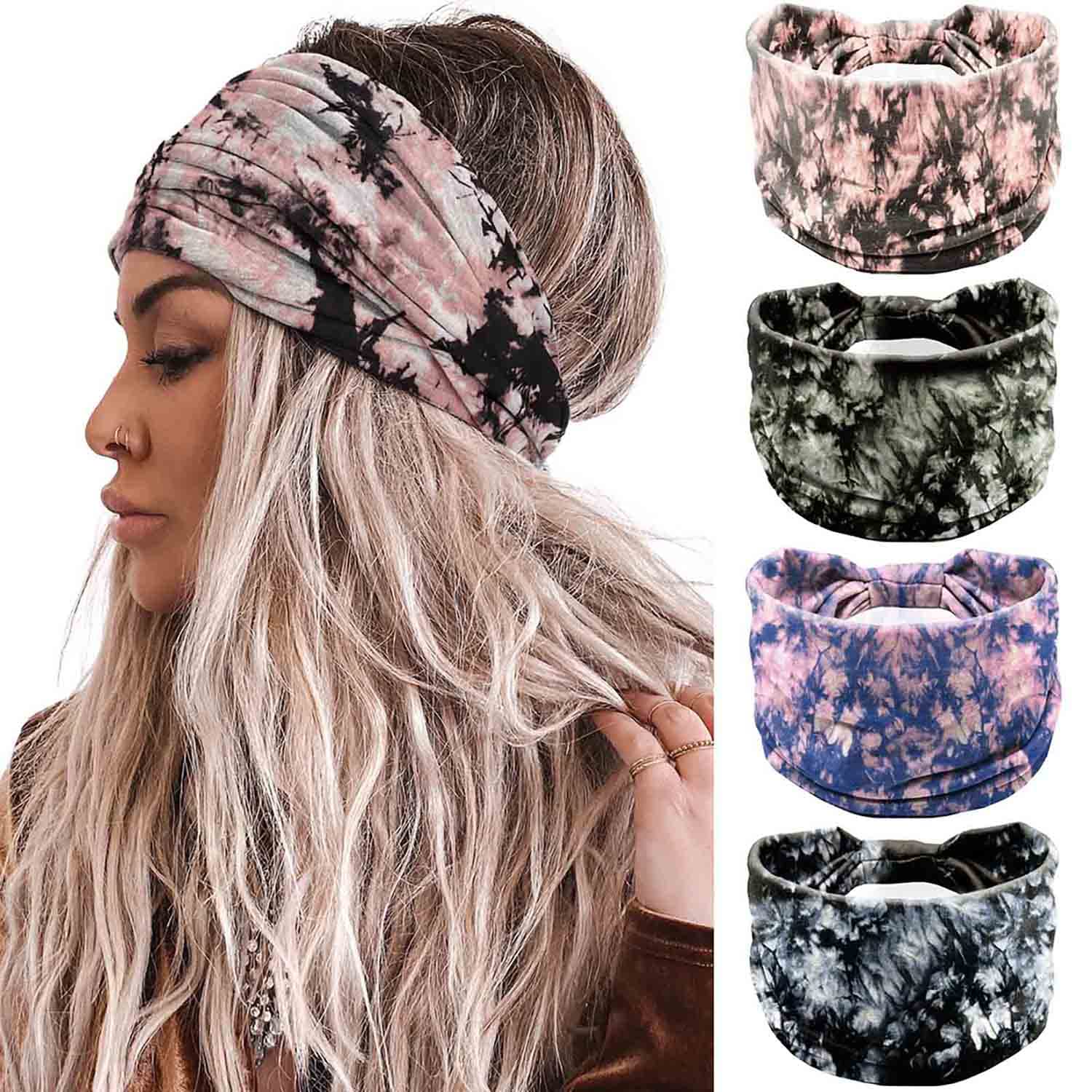 Acenail Wide Headbands 4 Pack (Tie Dye B, Leopard, Floral Workout Head Bands, Cotton Hair Scarfs) for Women and Girls - Knotted Turban, Boho, Yoga, Sweatbands Hair Accessories