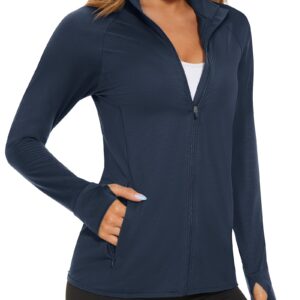 MAGCOMSEN Women's Lightweight Athletic Jacket Zipper Running Shirts Quick Dry Long Sleeve Sun Protection Shirts Navy L