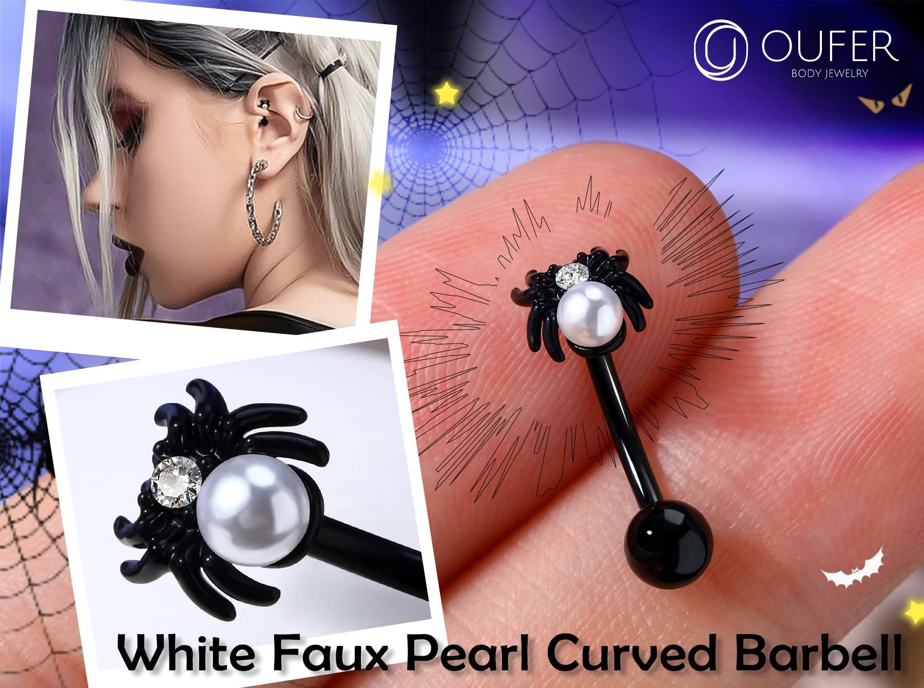 OUFER Rook Piercing Jewelry, 316L Surgical Steel Rook Earrings For Women Men, 16G Spider Curved Barbell Eyebrow Rings, Pearl Tragus Daith Piercing Jewelry(Black)…