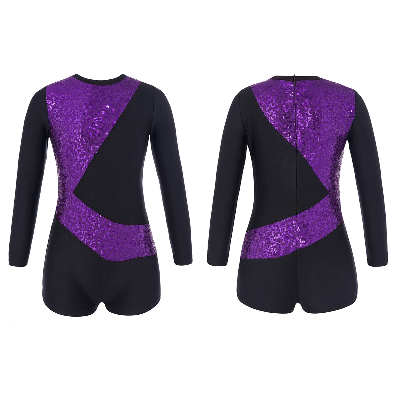 Kvysinly Girl's One Piece Sparkle Long Sleeve Gymnastics Leotards with Shorts Unitard Jumpsuit Biketard Dancewear Purple 6 Years