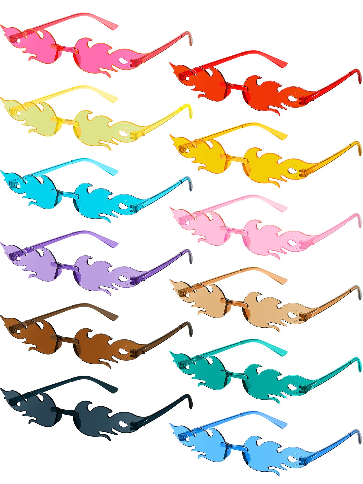 Dunzy 12 Pairs Fire Shaped Sunglasses Rimless Flame Glasses Wave Fire Y2K Glasses Frameless Eyewear(Stylish Colors)