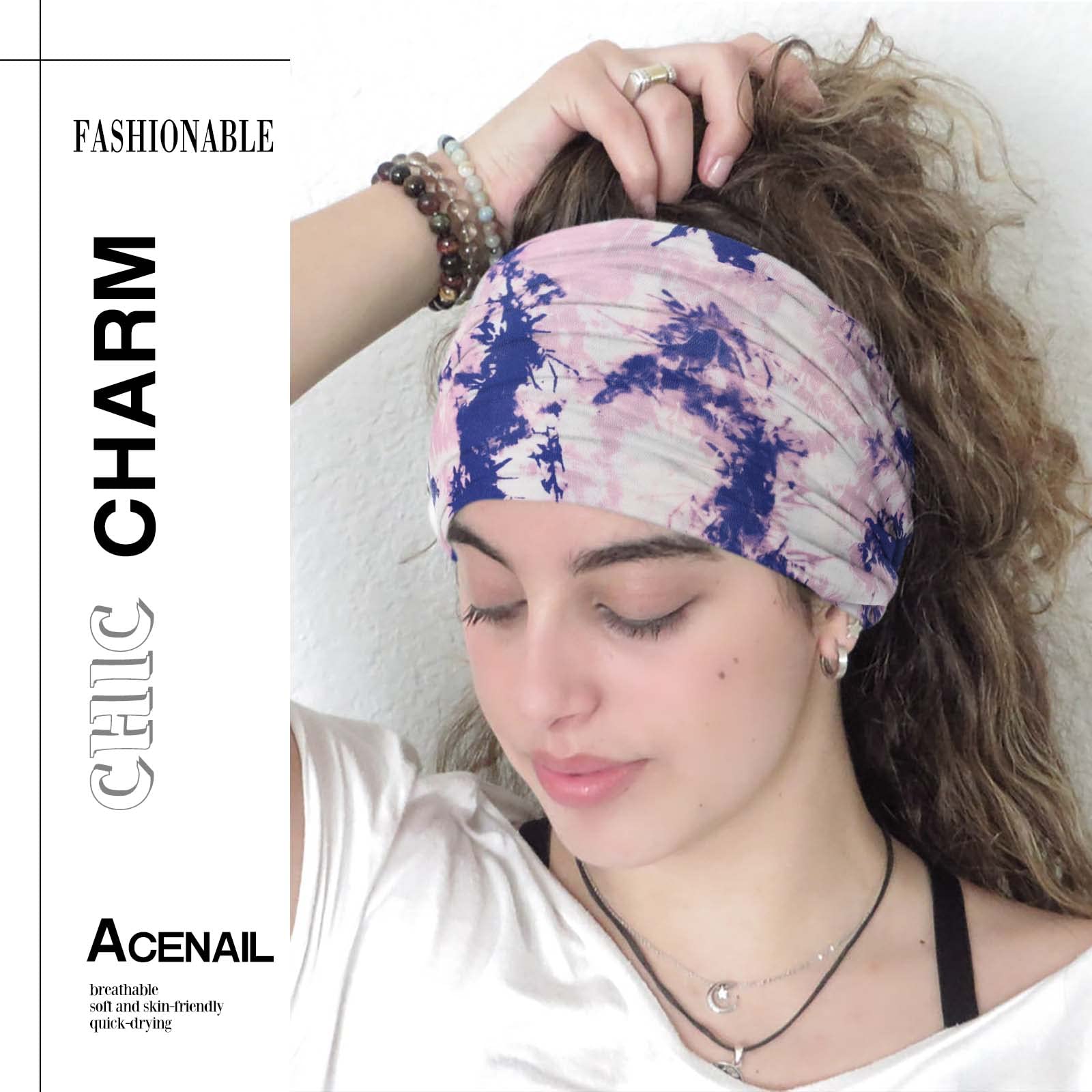 Acenail Wide Headbands 4 Pack (Tie Dye B, Leopard, Floral Workout Head Bands, Cotton Hair Scarfs) for Women and Girls - Knotted Turban, Boho, Yoga, Sweatbands Hair Accessories