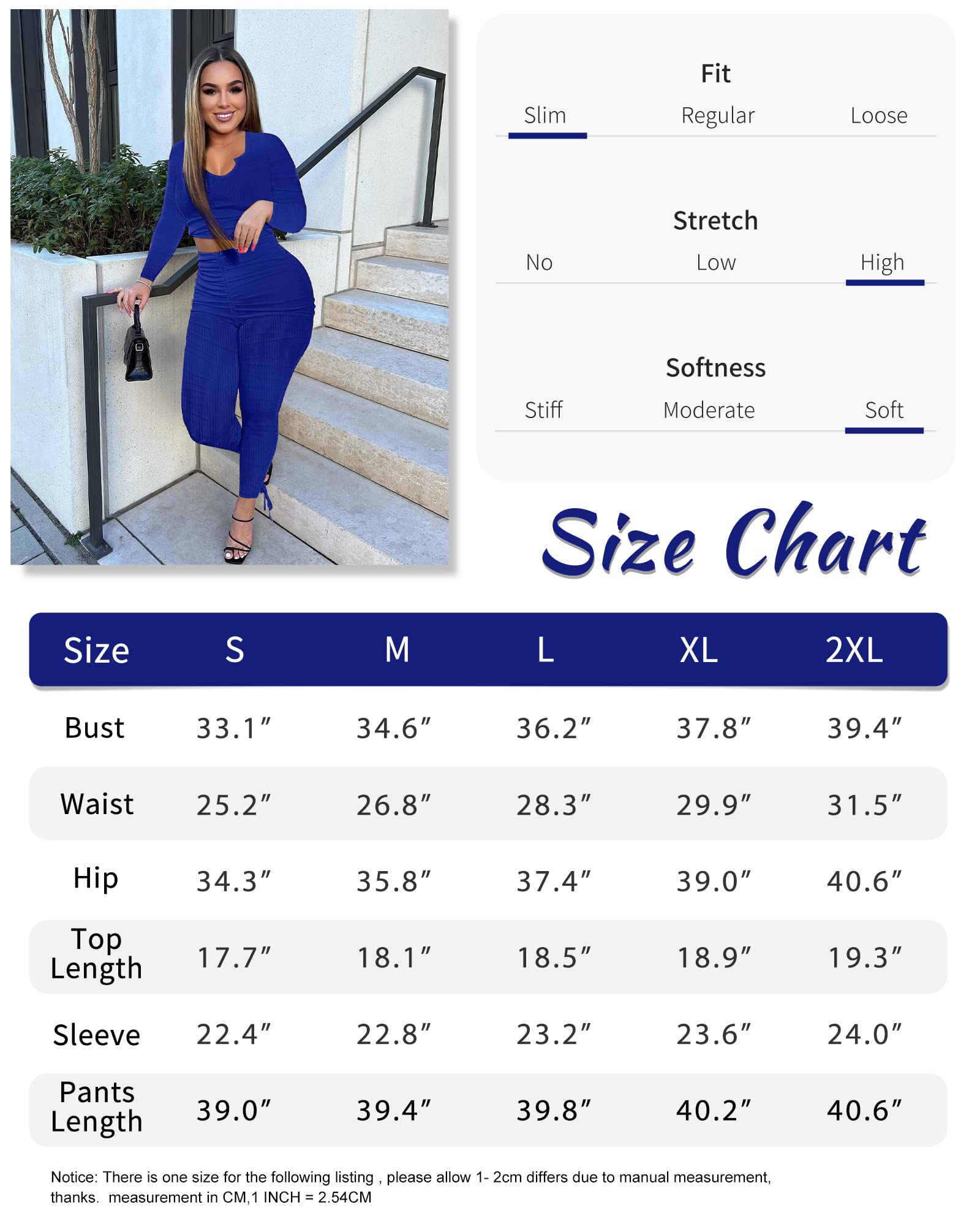 Qusuny Yoga Outfits for Women 2 Piece Set Crop Top V Neck High Waist Bodycon Ribbed Solid Sweatsuits Tracksuits Side Drawstring Casual Pants Set Jumpsuit Blue M