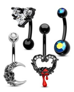 cocharm 4pcs moon halloween belly button rings packs 14g black belly button ring red heart belly navel rings for women men