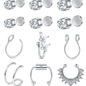 TOKRING Fake Nose Ring Hoop Fake Septum Nose Cuffs/ Studs Clip On Lip Ear Non Pierced Jewelry for Women Men Silver