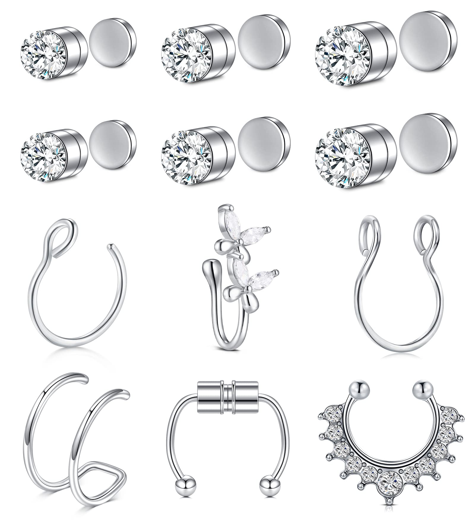 TOKRING Fake Nose Ring Hoop Fake Septum Nose Cuffs/ Studs Clip On Lip Ear Non Pierced Jewelry for Women Men Silver