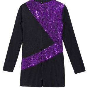 Kvysinly Girl's One Piece Sparkle Long Sleeve Gymnastics Leotards with Shorts Unitard Jumpsuit Biketard Dancewear Purple 6 Years