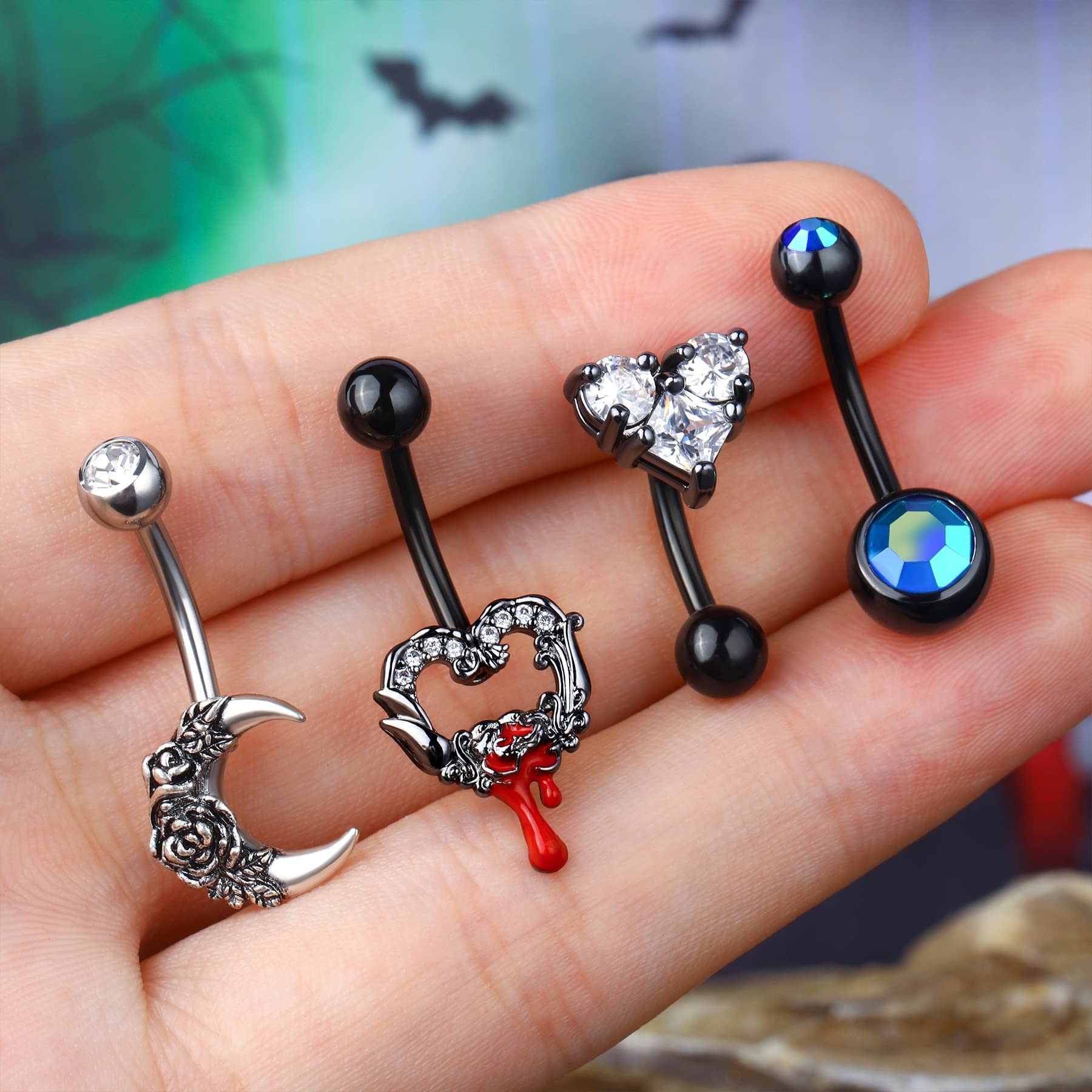 COCHARM 4PCS Moon Halloween Belly Button Rings Packs 14g Black Belly Button Ring Red Heart Belly Navel Rings for Women Men