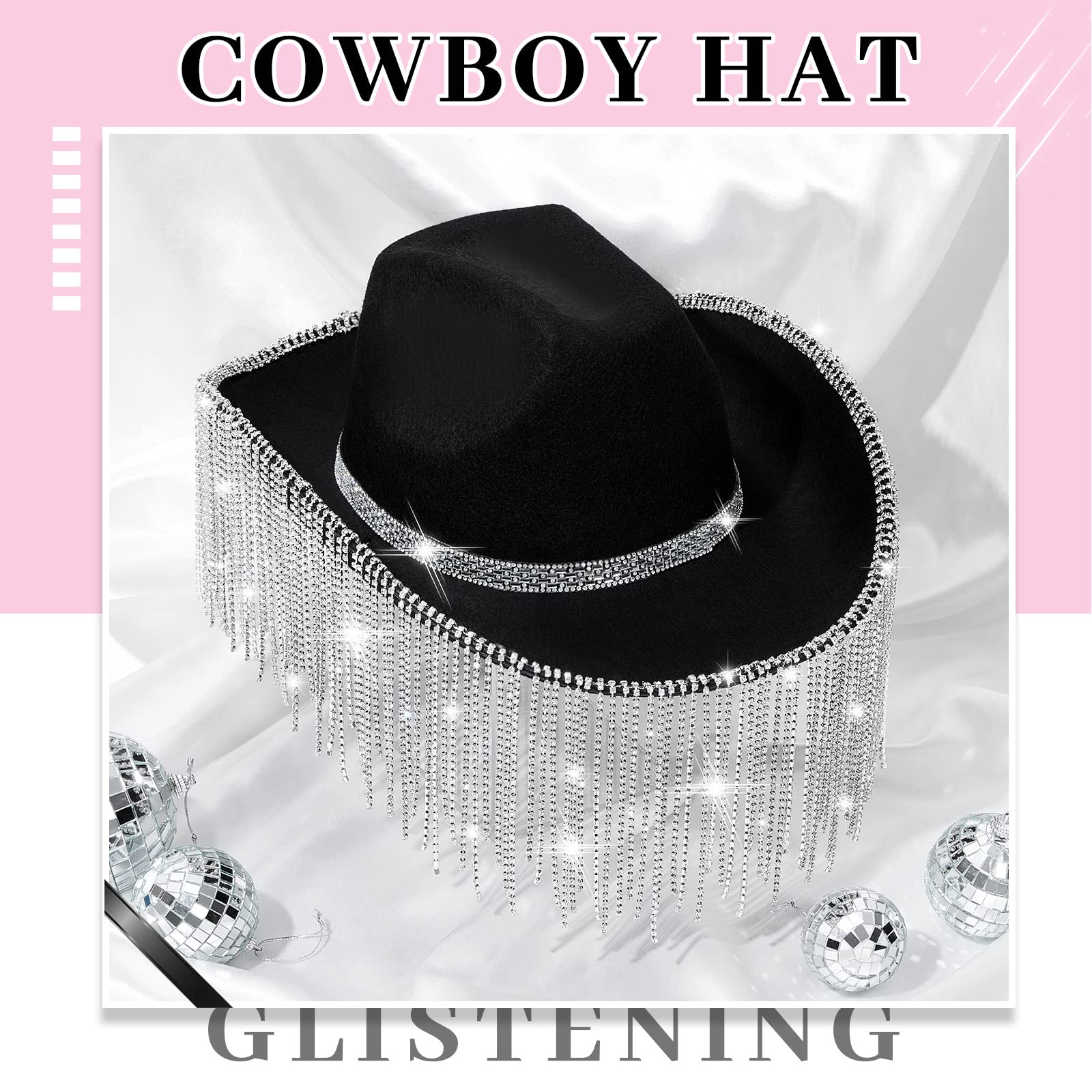 Rhinestone Cowboy Hat Glitter Cowboy Hat With Glasses, Headscarves, Adhesive Rhinestone Letter Patches