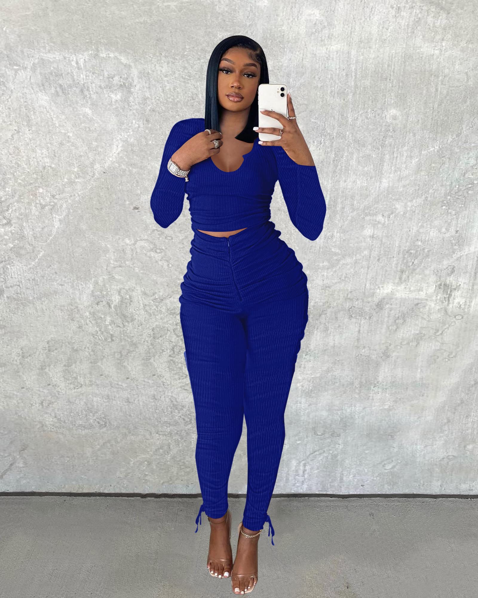 Qusuny Yoga Outfits for Women 2 Piece Set Crop Top V Neck High Waist Bodycon Ribbed Solid Sweatsuits Tracksuits Side Drawstring Casual Pants Set Jumpsuit Blue M