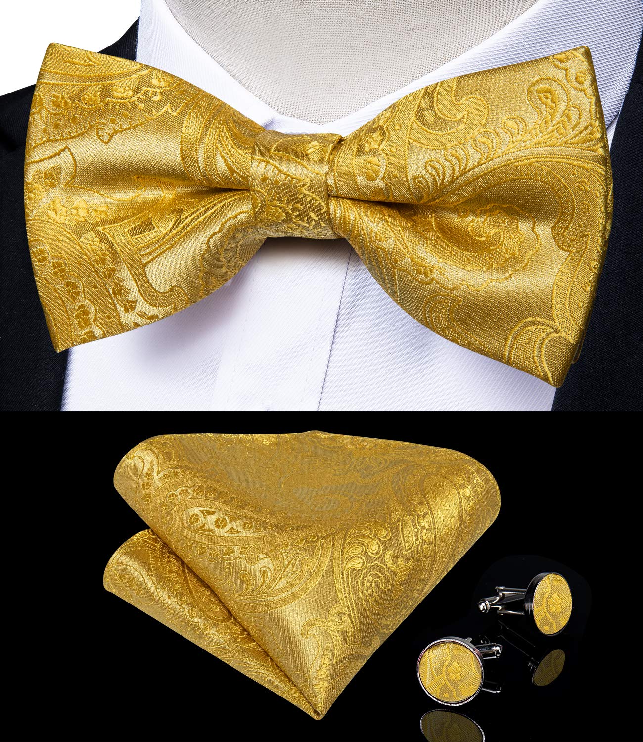 DiBanGu Gold Suspenders for Men Heavy Duty Yellow Suspenders and Bow Tie Set Adjustable Y-Back Mens Trouser Braces