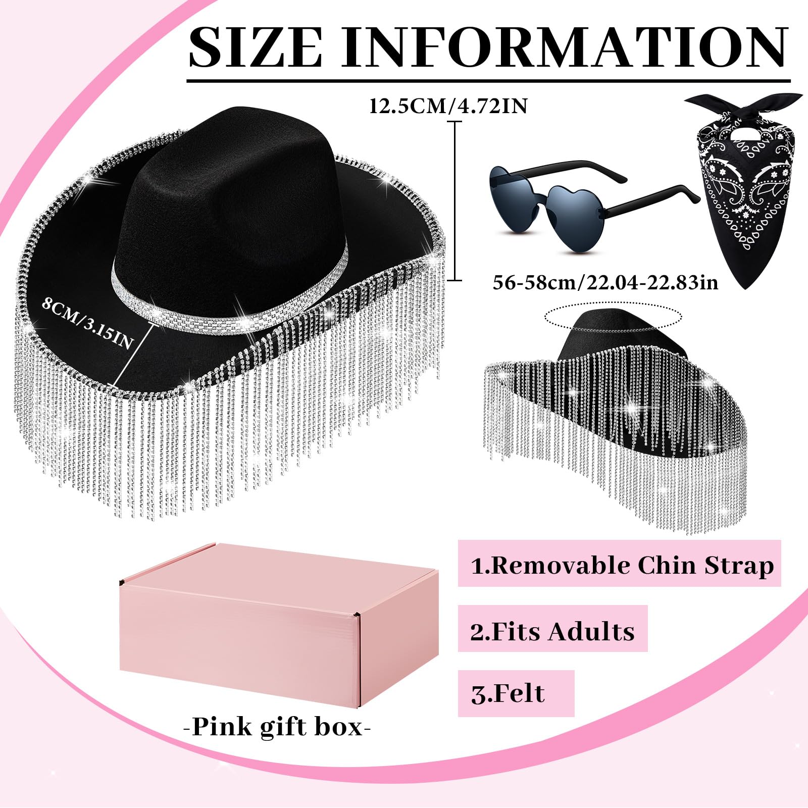 Rhinestone Cowboy Hat Glitter Cowboy Hat With Glasses, Headscarves, Adhesive Rhinestone Letter Patches