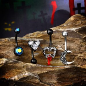 COCHARM 4PCS Moon Halloween Belly Button Rings Packs 14g Black Belly Button Ring Red Heart Belly Navel Rings for Women Men