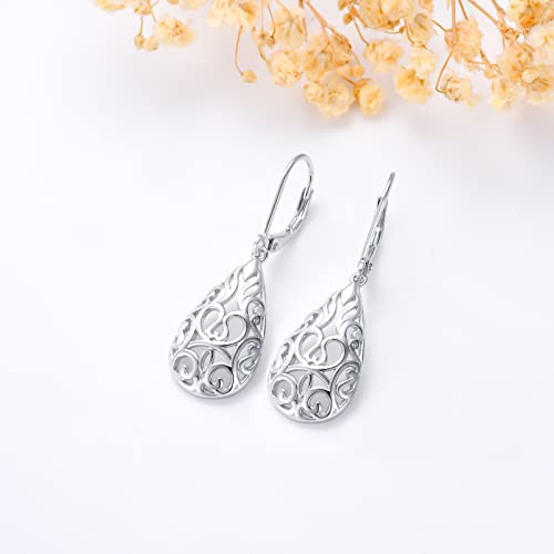 VONALA Filigree Teardrop Earrings for Women Sterling Silver Filigree Teardrop Dangle Earrings Filigree Leverback Earrings for Women Birthday Gift