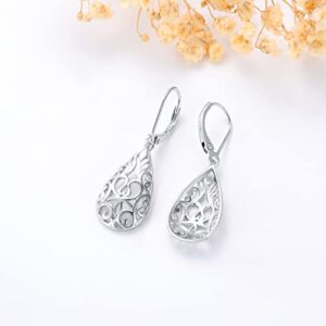 VONALA Filigree Teardrop Earrings for Women Sterling Silver Filigree Teardrop Dangle Earrings Filigree Leverback Earrings for Women Birthday Gift