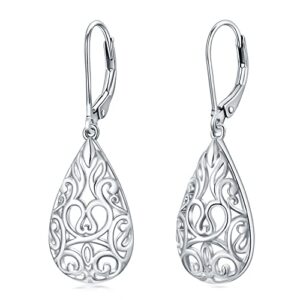 VONALA Filigree Teardrop Earrings for Women Sterling Silver Filigree Teardrop Dangle Earrings Filigree Leverback Earrings for Women Birthday Gift